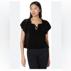 Free PeopleTerese Velvet Ruffled Keyhole Tie Neck Short Puffed Sleeve Top